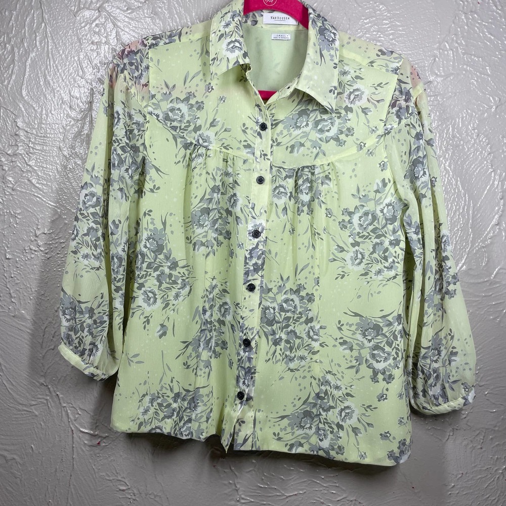 Van Heusen Green Long Sleeve Button Up Collar Floral Shirt Blouse Womens‎ Small